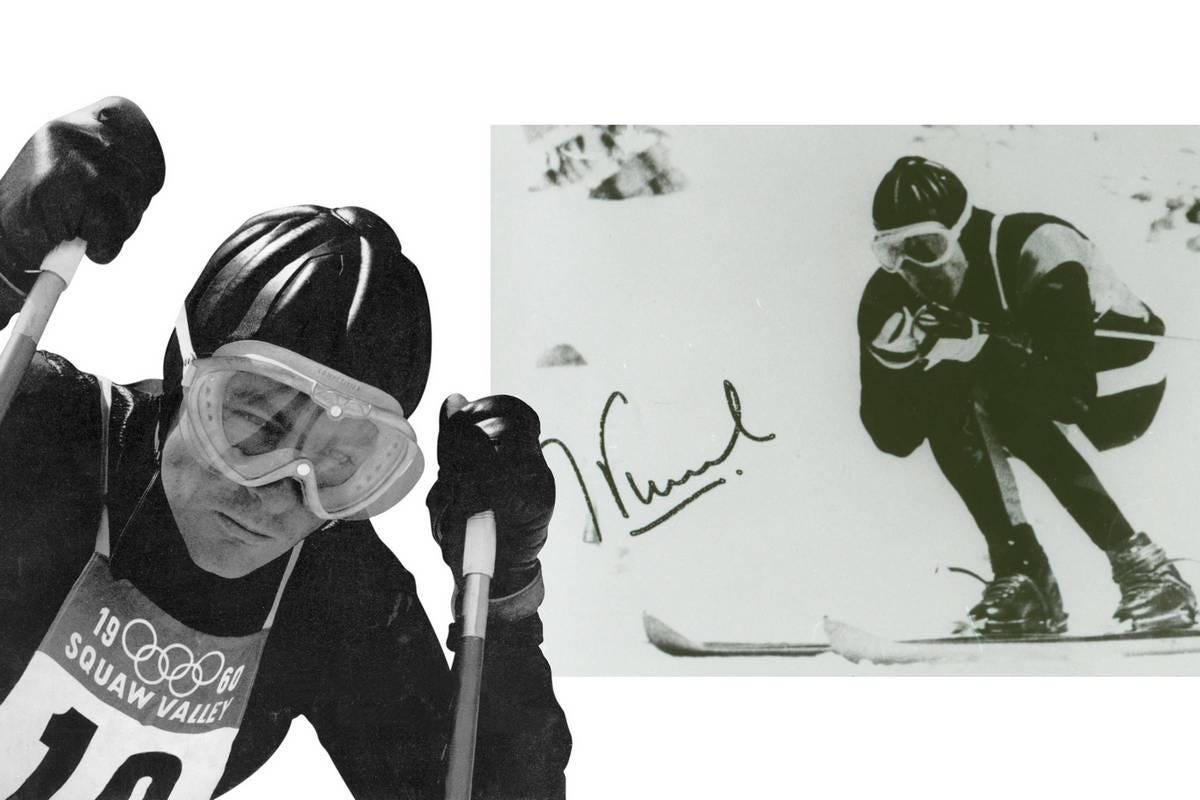 Jean Vuarnet portant ses lunettes Skilynx aux Jeux olympiques de 1960