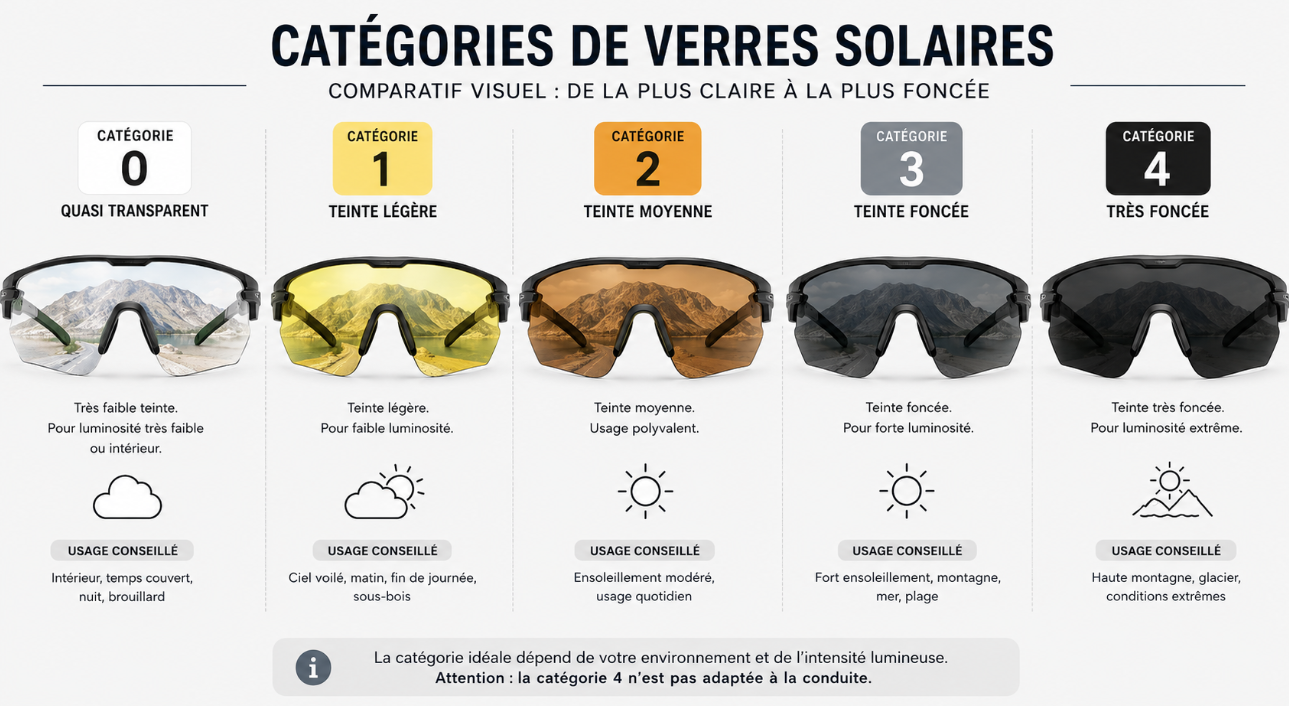 Comparatif visuel des cinq catégories de verres solaires, de la plus claire à la plus foncée